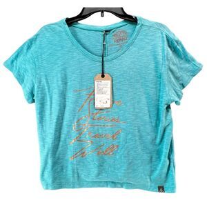Prana Chez Tee Womens XS Blue Slub Knit Have Stories Travel Well Graphic T Shirt